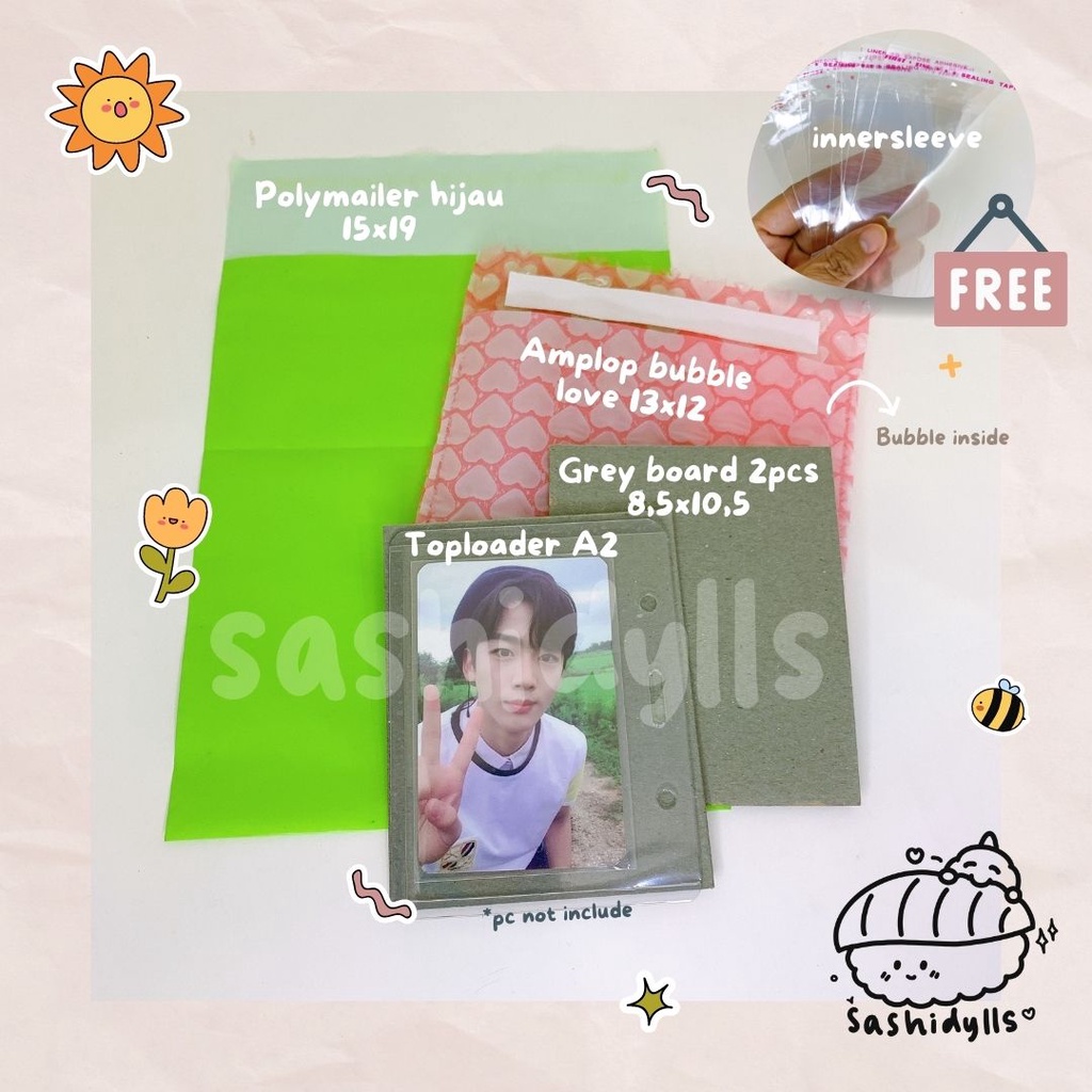 

ALAT PACKING PHOTOCARD ECOFRIENDLY SET [POLYMAILER + AMPLOP BUBBLE WRAP LOVE + GREY/YELLOW BOARD + TOPLOADER + INNERSLEEVE (POPCORN)]