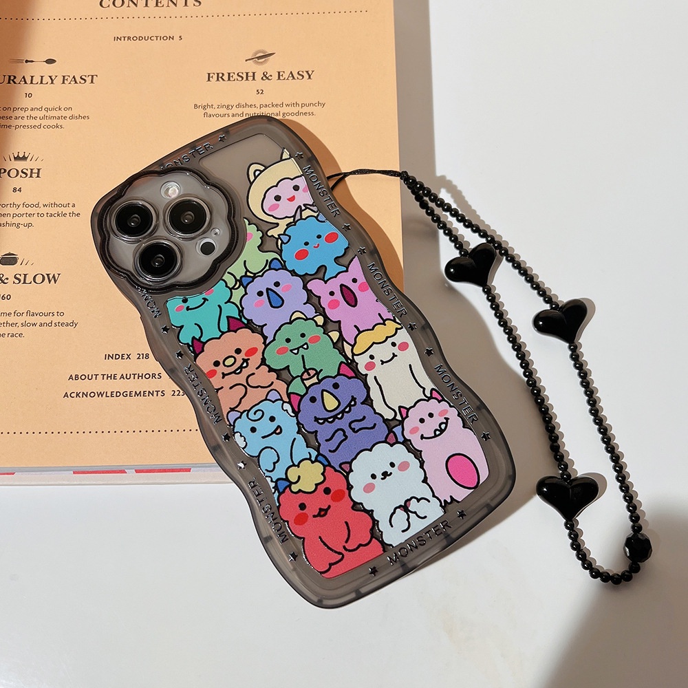 IPHONE Kartun Monster Transparan Hitam Bunga Pelindung Lensa Kamera Ponsel Case Cover Dengan Manik-Manik Rantai Untuk Iphone7 8 PLUS X XR XS 11 12 13 14 PRO MAX SE 2020