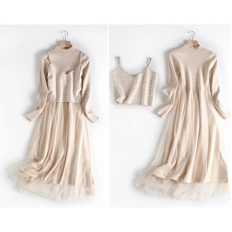 [baju wanita korea]  Long Dress Midi Pesta Rajut Tutu Wanita Dewasa Korea Import Tunik