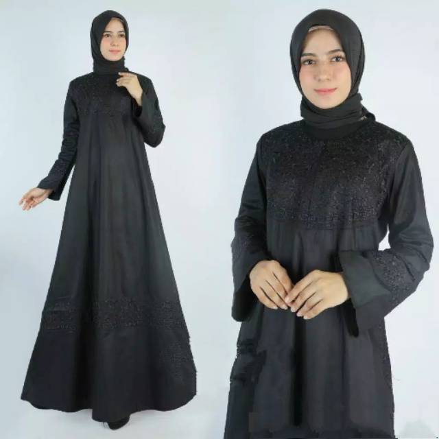 Gamis Hitam Variasi Bordir / Gamis Hitam Katun / Gamis Hitam Polos