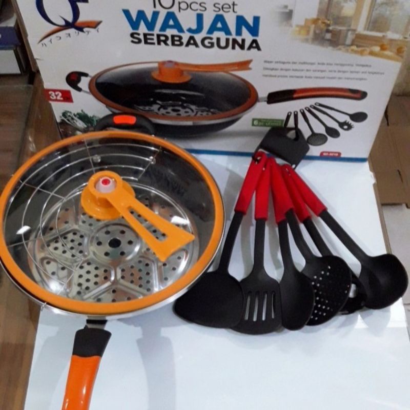 Wajan Tutup Set Serbaguna Q2 3210 10pcs Bahan Enamel Anti Lengket plus Kukusan Sarangan dan Spatula NEW PROMO