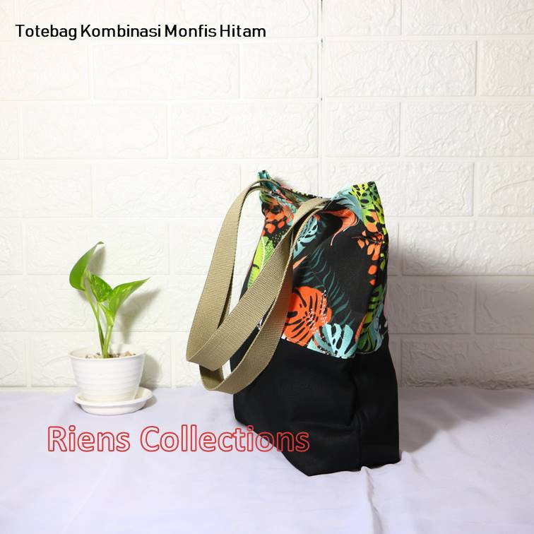 TAS KANVAS TOTEBAG KANVAS KOMBINASI MOTIF MONFIS HITAM. Riens Collections