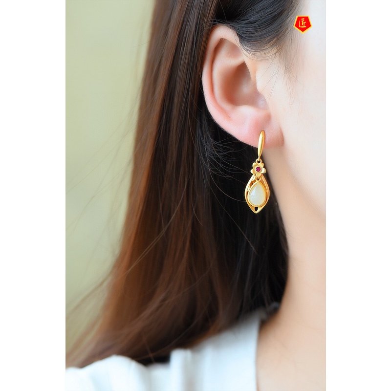 [Ready Stock]Hetian Jade Gold Vintage Earrings Women's Chinese Style