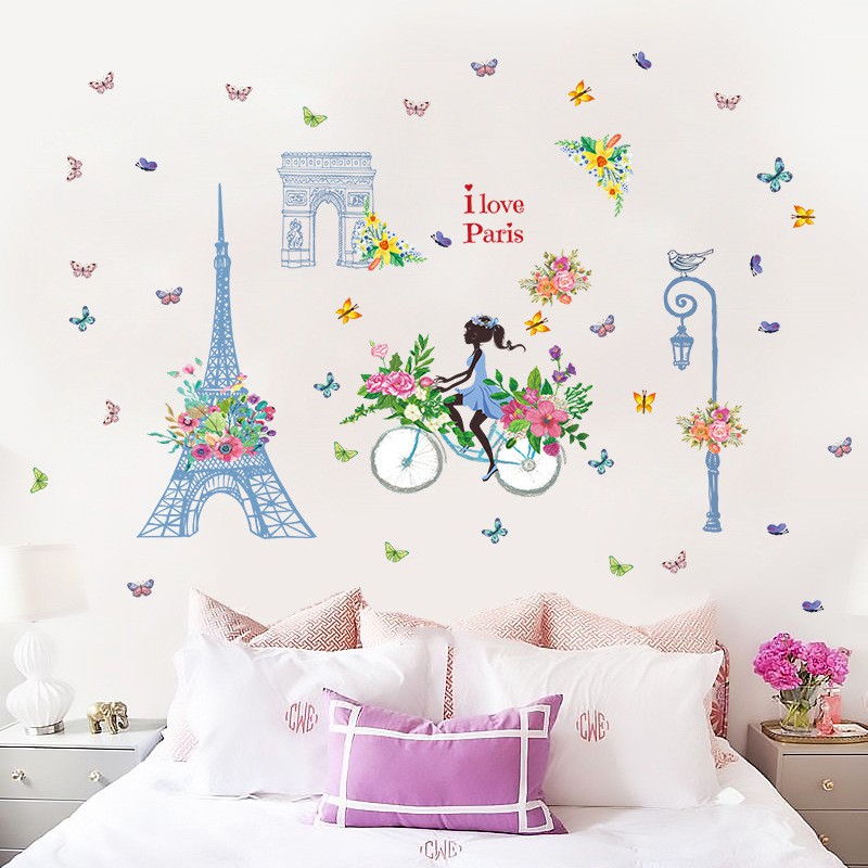 RELIZA Wall Sticker / Stiker Dinding 60X90 I LOVE PARIS EIFFEL BLUE GIRL SK9164