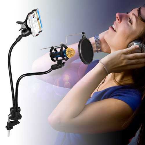 FLEKSIBEL STAND TIANG MIC JEPIT MEJA MIKROFON + LAZYPOD HOLDER HP
