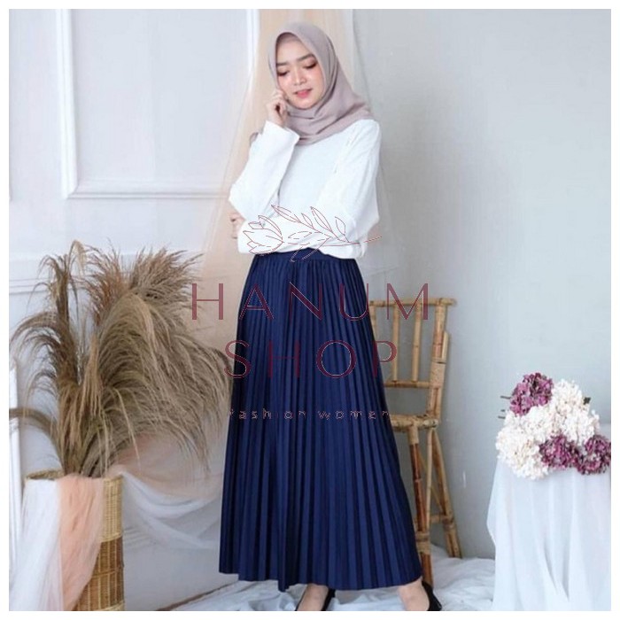 ROK PLISKET MAXI SKIRT rok PANJANG-navy
