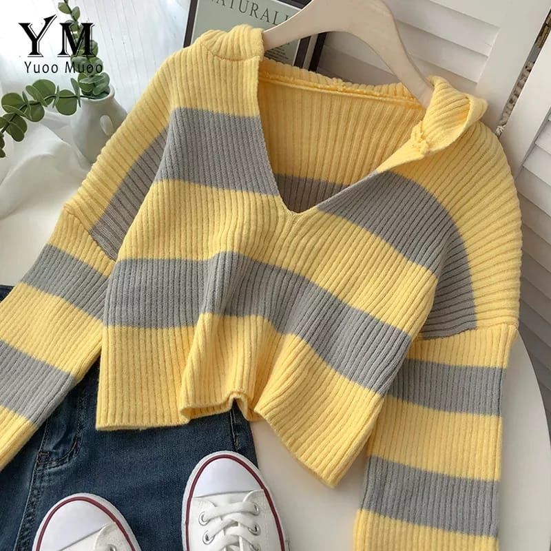 Sweater Rajut Wanita Hanna Hoodie Stripe Gaya Korea Knitwear