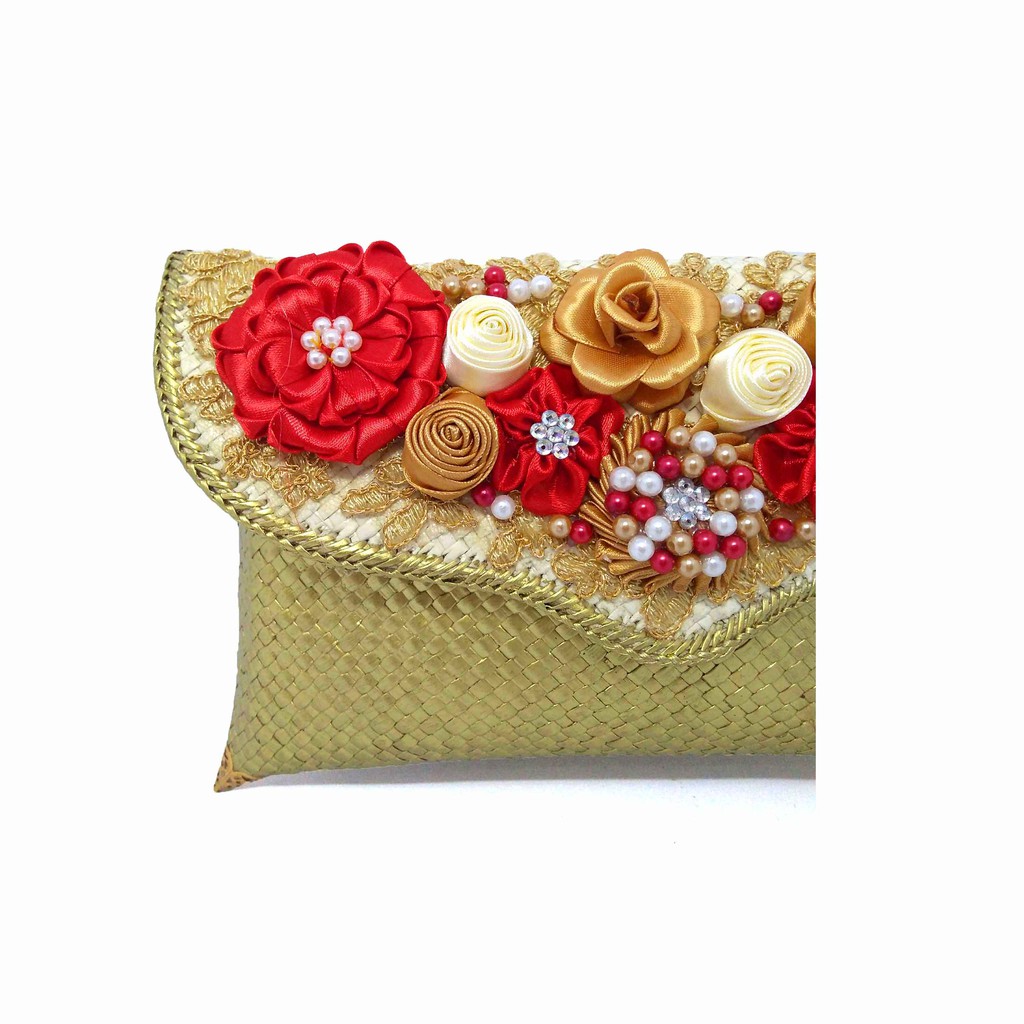 Putra Sukapura Clutch Pesta Anyaman Pandan Eksklusif Gold Rose Dompet Wanita