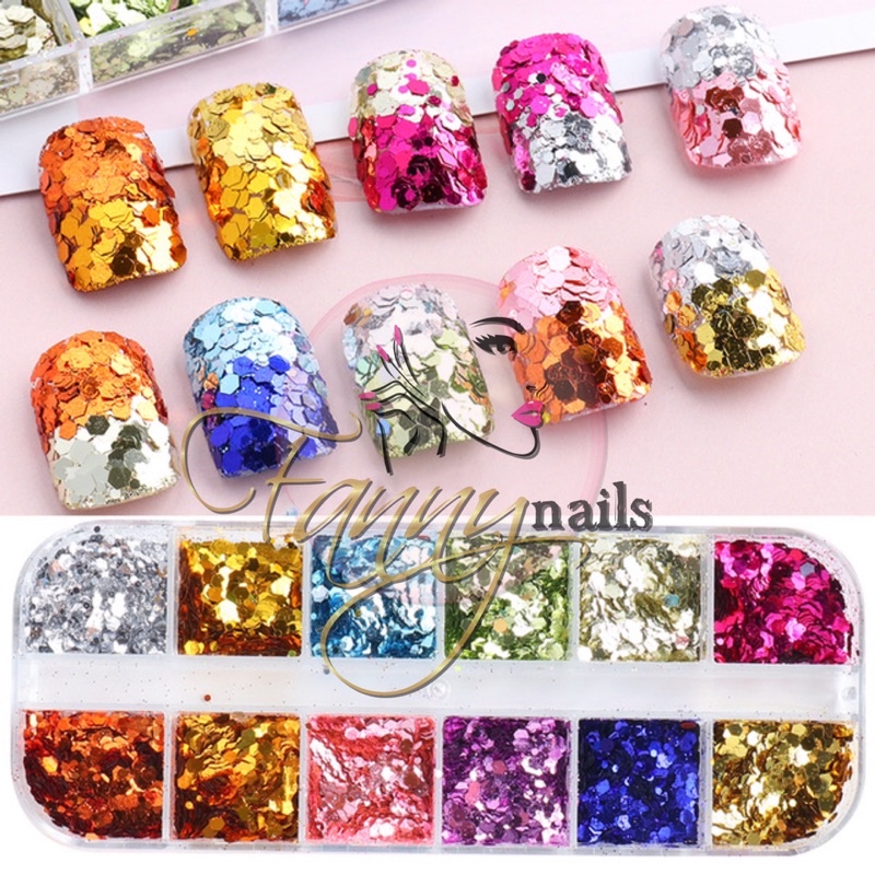 12PCS MERMAID SEQUIN HEXAGONAL GLITTER GLITER HEXAGONAL JAPAN NAIL ART SILVER CHROME NAIL GLITTER