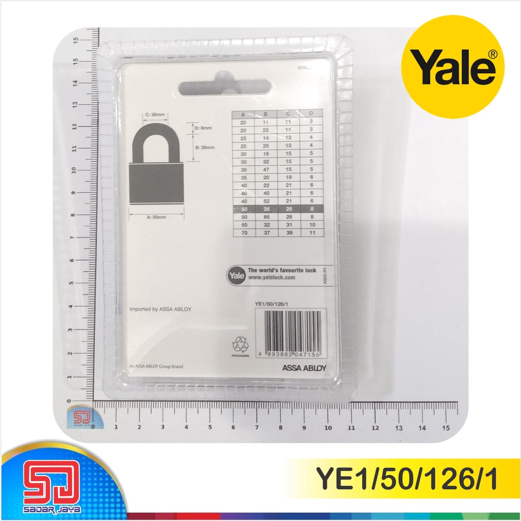 Yale YE1/50/126/1 Gembok Kuningan 50mm Leher Pendek 26mm Padlock Brass Material Hardened Steel