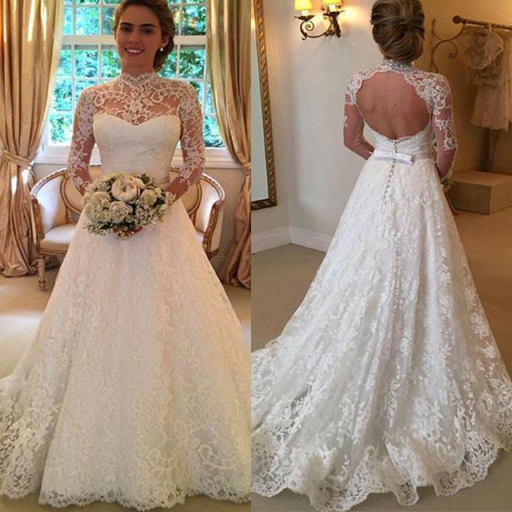 A Line Elegant Long Sleeves V Neck Beach Wedding Dress Bridal Gown –  Pgmdress