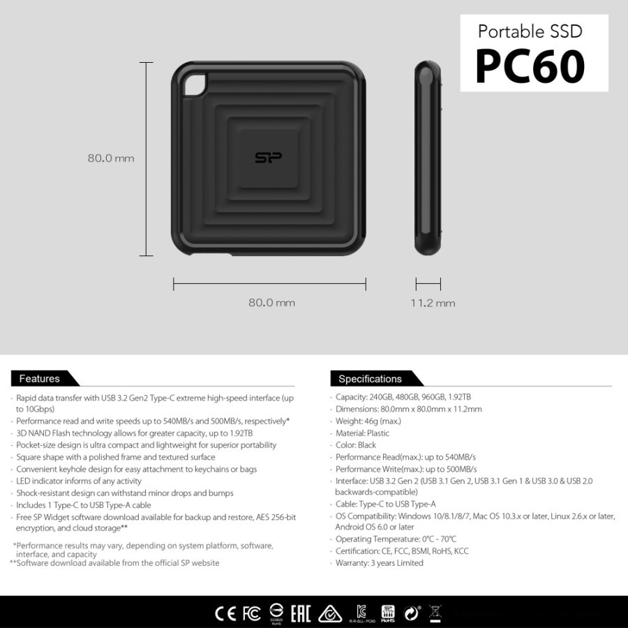 Silicon Power SSD Eksternal PC60 240GB 480GB 960GB Type-C ke USB3.2