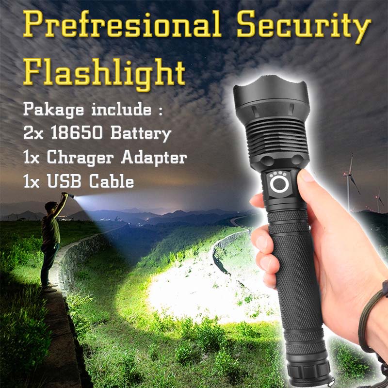 Senter Security Proyek USB Recharge + Charger Adaptor + 2x18650 XHP90.2 Senter super terang LED Profesional Professional Anti Air Keamanan bangunan gudang kantor polisi tentara Militer satpam hansip banpol becana Alam Tim SAR