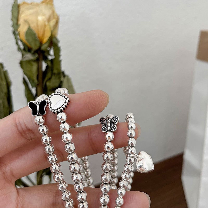 YEEZII 3pcs / Set Gelang Manik-Manik Bentuk Hati Butterfly Warna Silver Gaya Retro Untuk Wanita