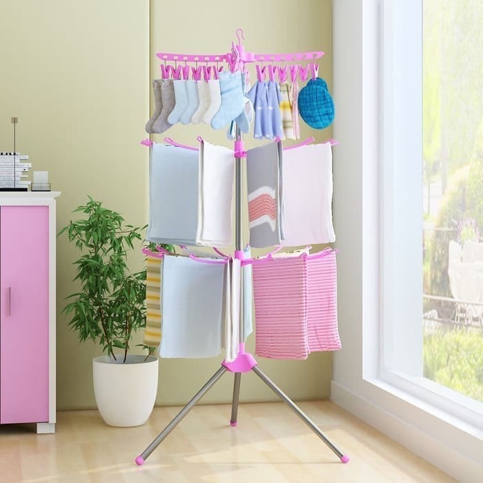 Rak Jemuran Menara/Jemuran Handuk Baju Kaos Kaki Bayi Stand Hanger Berdiri Lipat Foldable Drying Rack 3 Susun