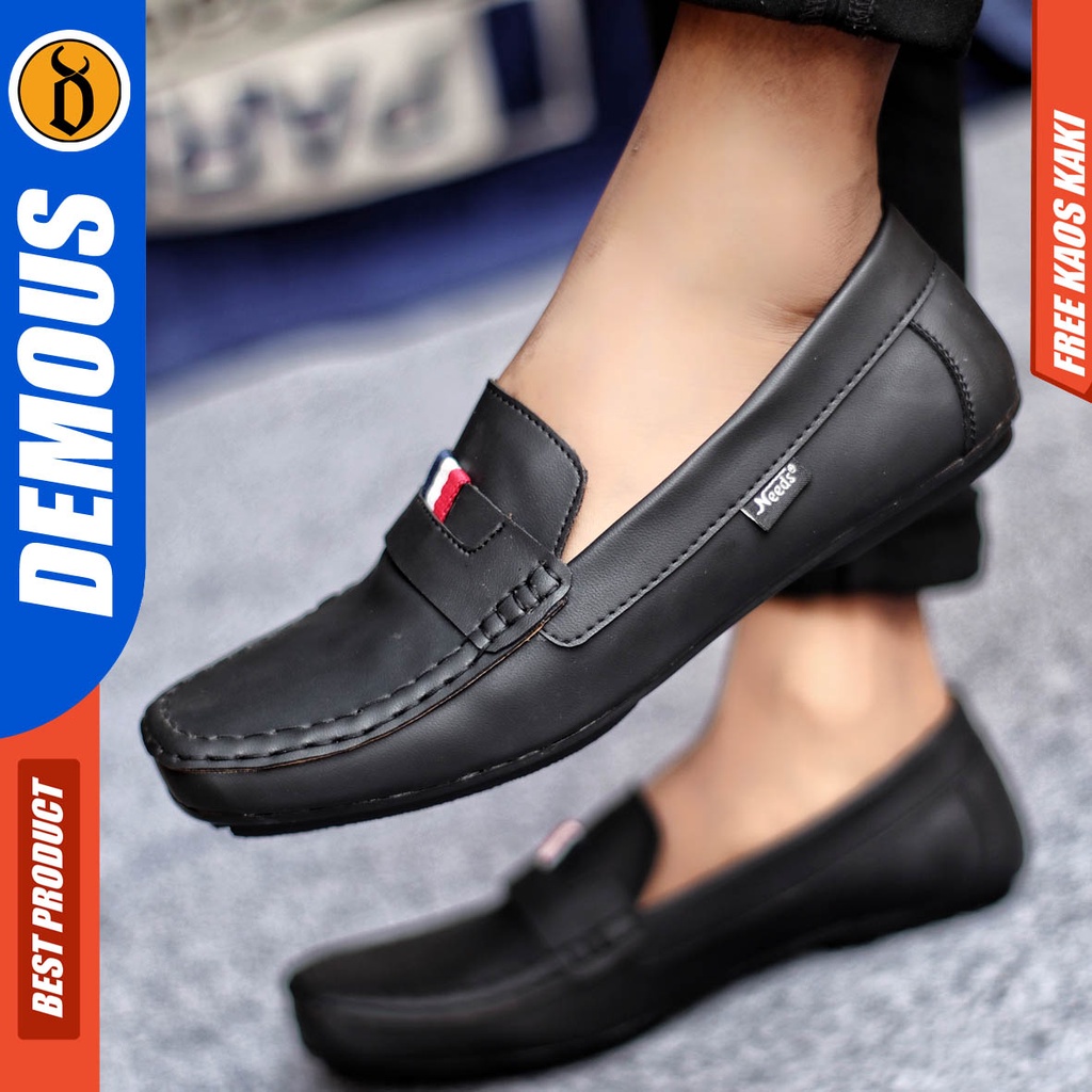 Demous Frans Sepatu Slip on Pria Santai Casual Formal Kulit Pu Kerja Hitam