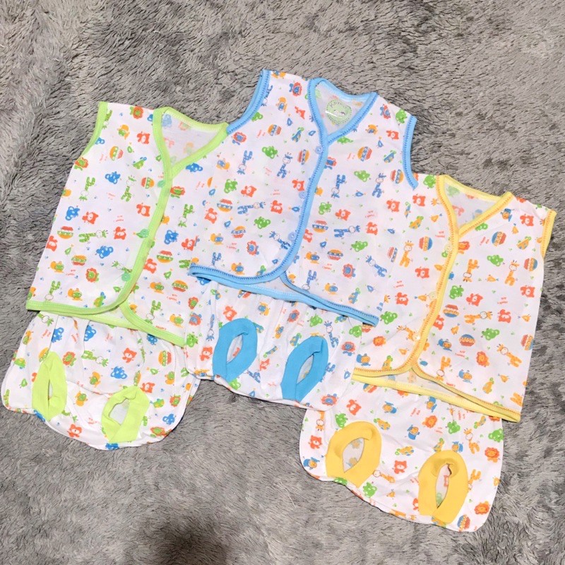 (Isi 3) Setelan Baju Bayi Lengan Kutung dan Celana Pop Motif Tabur