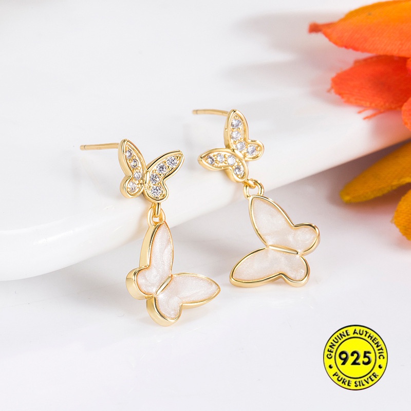Anting Tusuk Sterling Silver 925 Desain Kupu-Kupu Hias Berlian Imitasi Untuk Wanita Butterfly