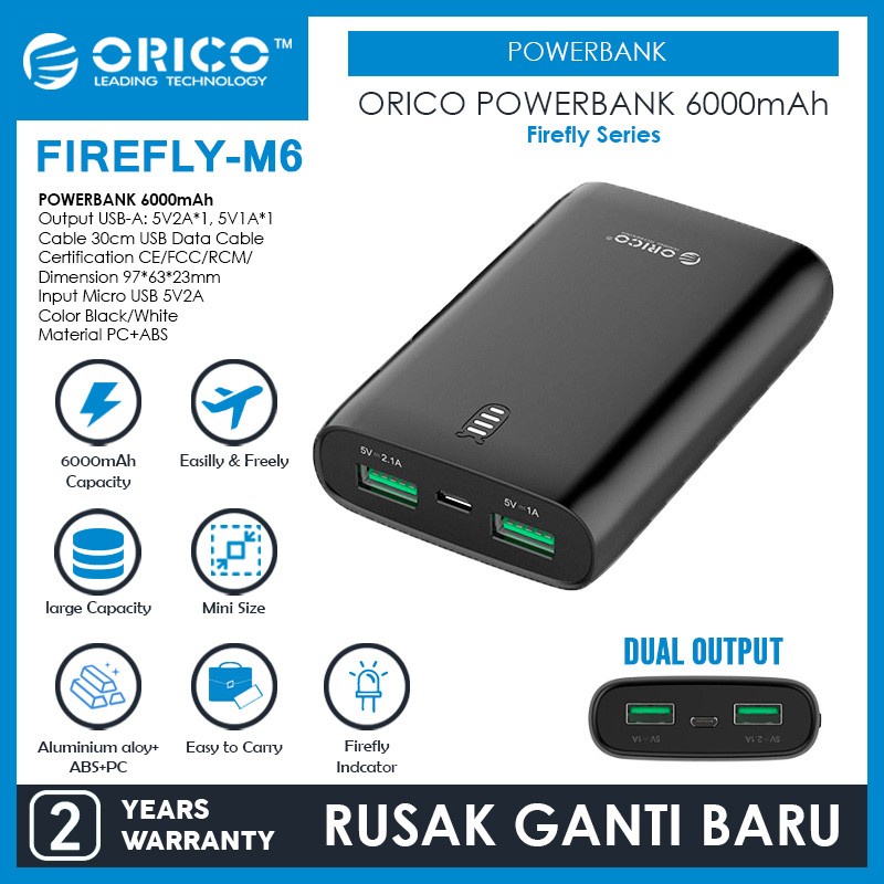 Powerbank orico 6000mah 2 port Usb A Scharge firefly m6 - power bank smart 6000 mah fast charging m-6