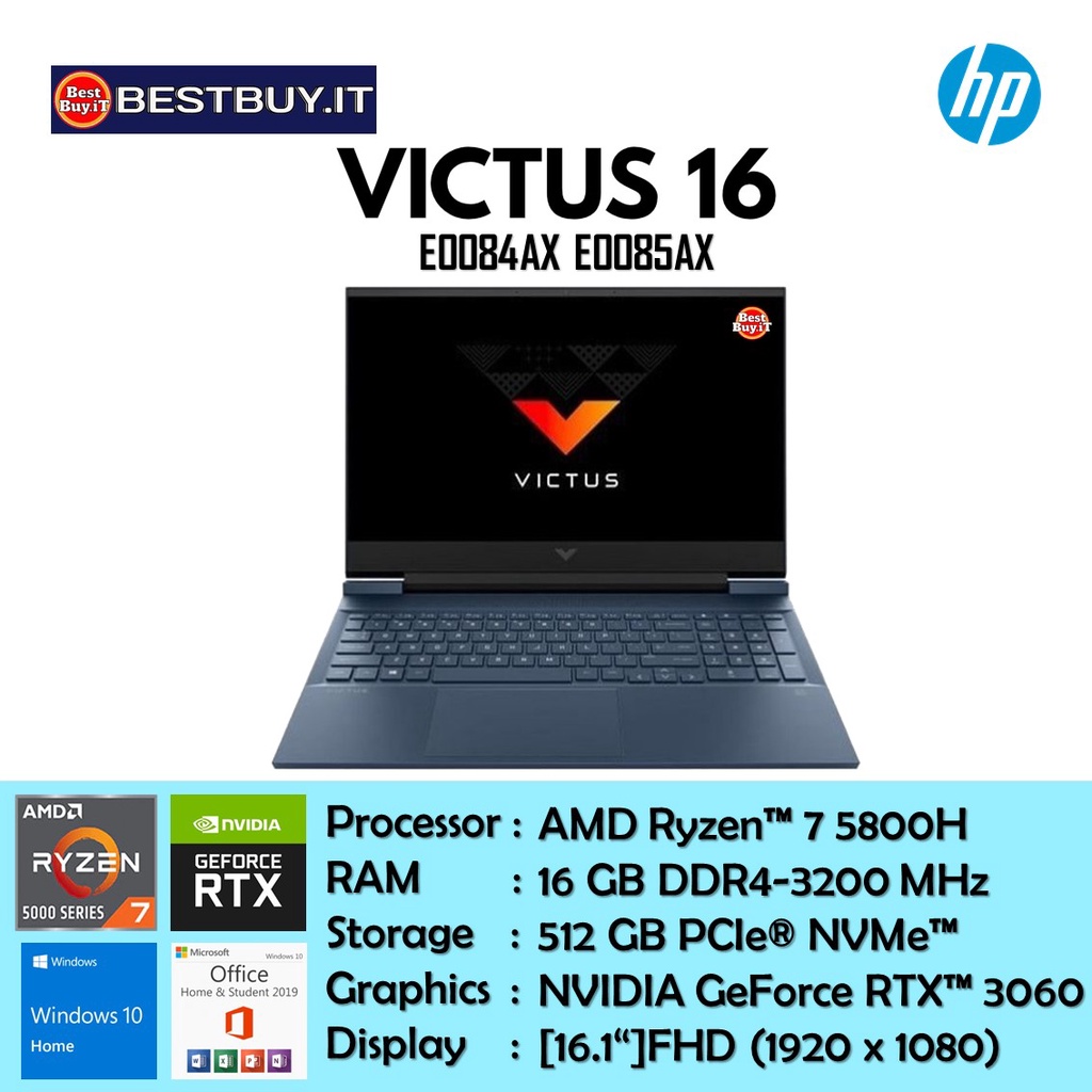 HP VICTUS 16 E0084AX E0085AX RYZEN 7-5800H 16G 512GB RTX3060 W10 OHS