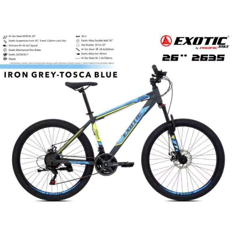 Sepeda Gunung Exotic ET2635 EF41 MTB Alloy 26 Inci Steel 3x7Sp Disc Brake Mountain Bike