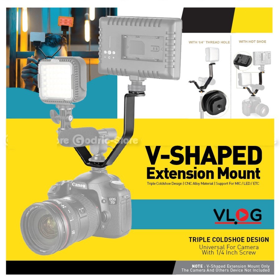 V Shape TRIPLE Mount Bracket Cold Shoe for Flash / LED / Mic on Camera