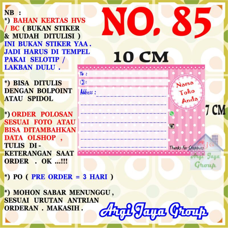 

Label Pengiriman Alamat Olshop Murah Nomer 85 - 10x7cm - Kertas BC (Manila)