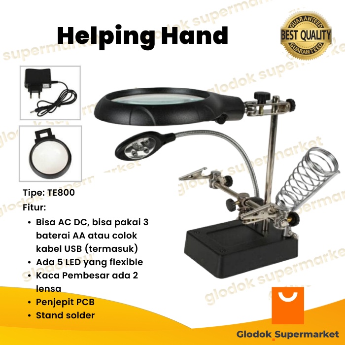 Helping Hand Magnifier 5 LED TE800 Alat Bantu Solder Kaca Pembesar Jepit PCB TE-800 AC DC