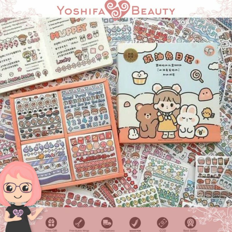 Stiker Aesthetic 1 Lembar | Sticker Bunny Bear &amp; Girl Lucu | DIY Bahan Washi Untuk Deco Scrapbook Diary Tumbler Botol Viral Lucu Gemoy