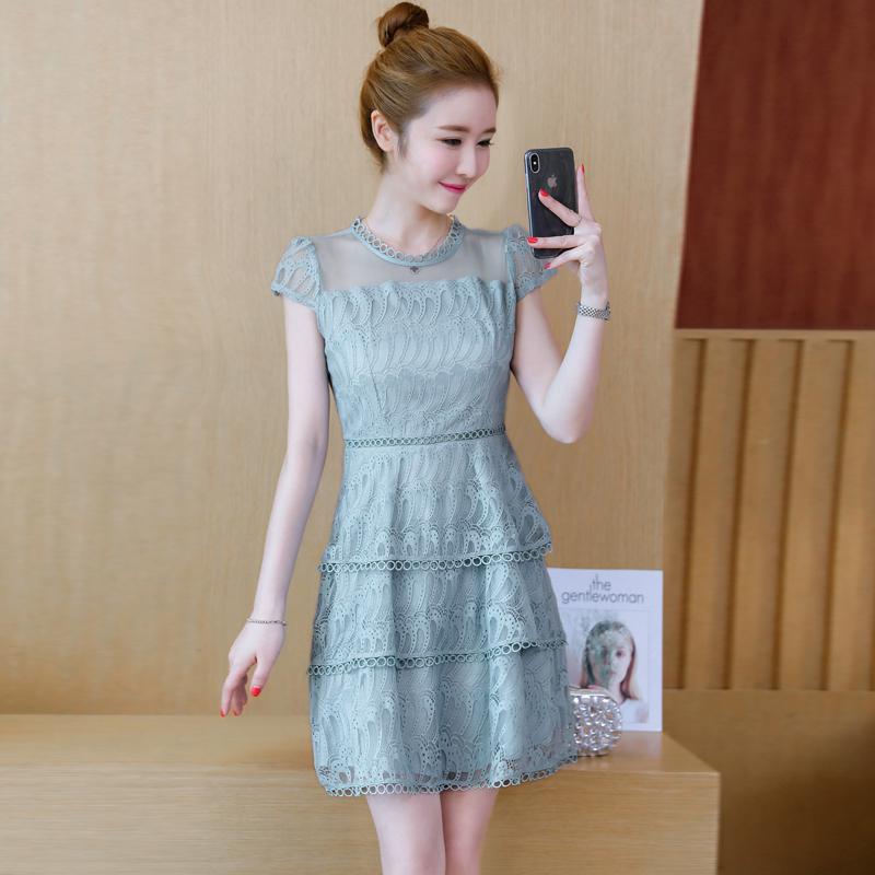  Dress  Midi Wanita  Casual Lengan Pendek  Bahan Lace Warna 