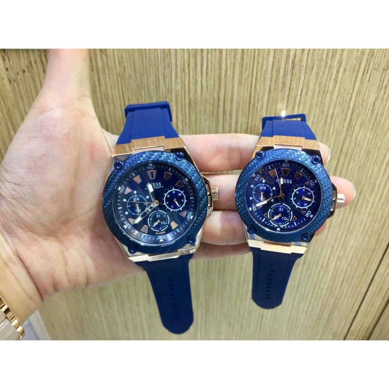 Jam Tangan Couple Guess Blue Rubber 44mm & 40mm Ori bm