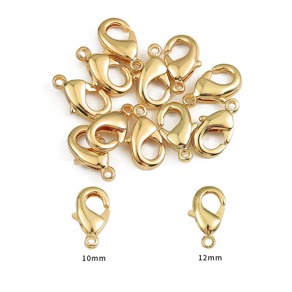 10pcs / lot Konektor Kait Lobster Lapis Emas 18k Ukuran 10 12mm Untuk Membuat Perhiasan DIY