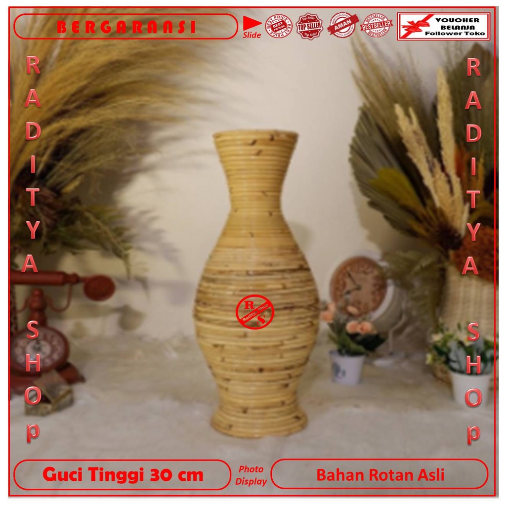 Guci Rotan Tinggi 30 cm / Vas Bunga Hias Ukuran 30 cm Model Guci Bahan Rotan / Raditya Shop / Decora
