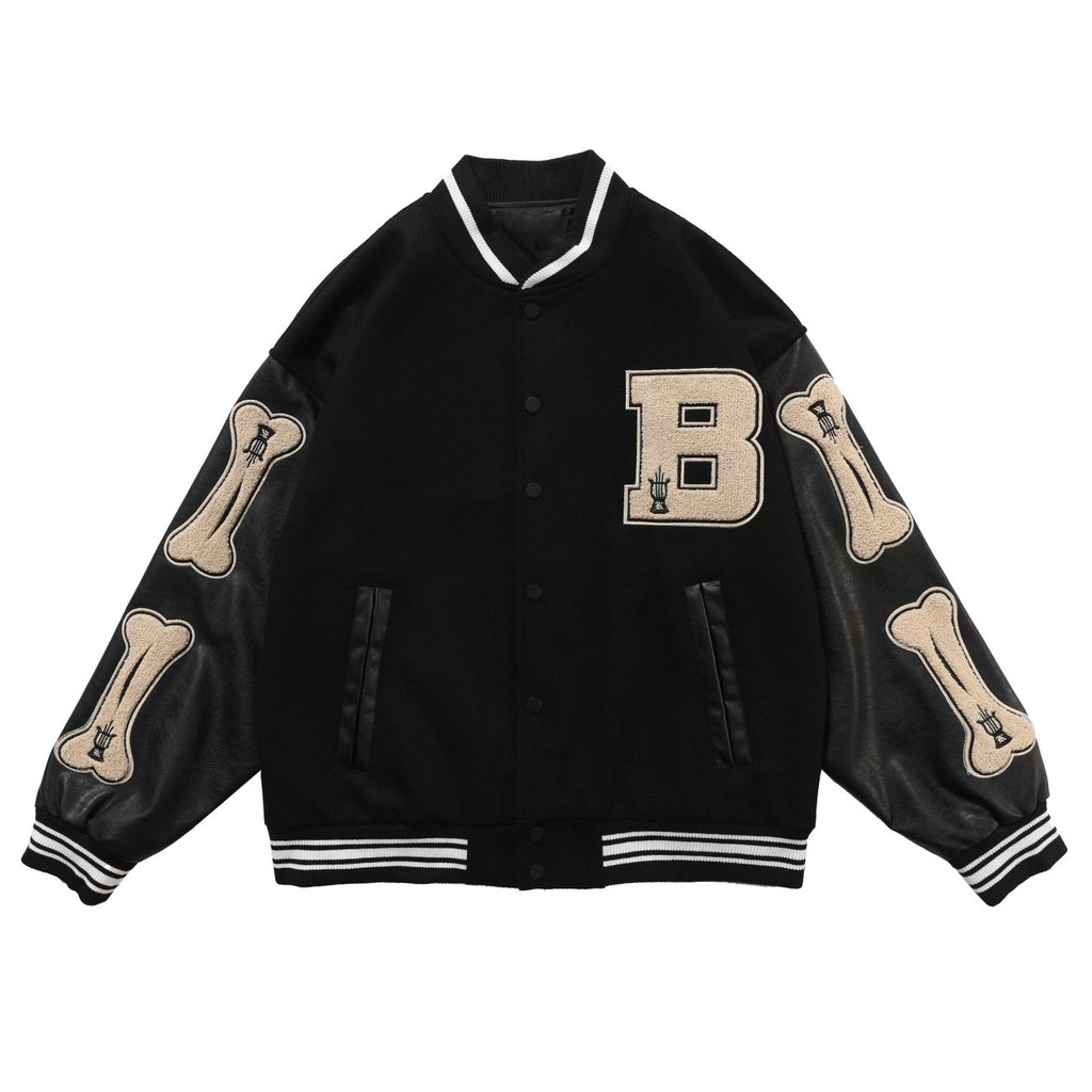Streetwear Varsity Jackets Bomber Jacket Men Baseball Coats Furry Bone Patchwork Color BlockLACIBLE
