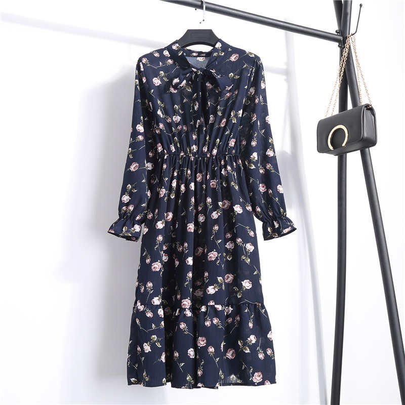 Dress Floral Wanita Lengan Panjang dengan Bahan Chiffon