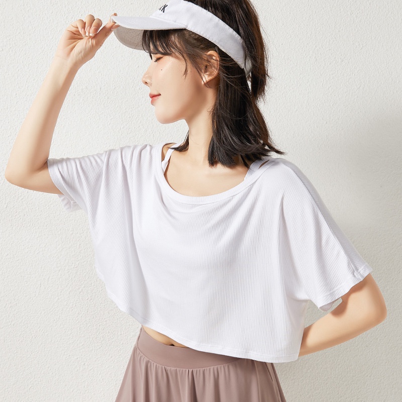 [Spot] Kaos Olahraga Pendek Wanita Crop Tee Gym Dance Cropped Pusar Nyaman Sweatshirt Lengan Pendek Longgar Pakaian Yoga-3