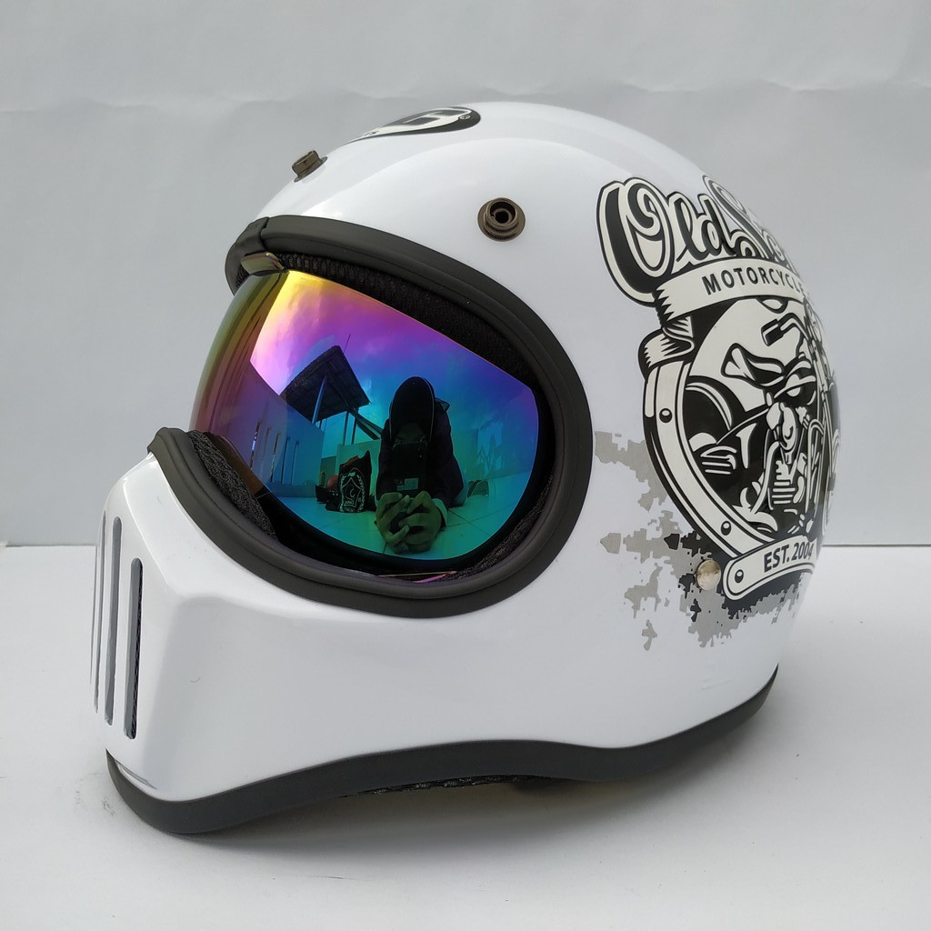 Helm Cakil HBC New Old School White + Inner Visor ( Fullface / Retro / Klasik / Vespa )