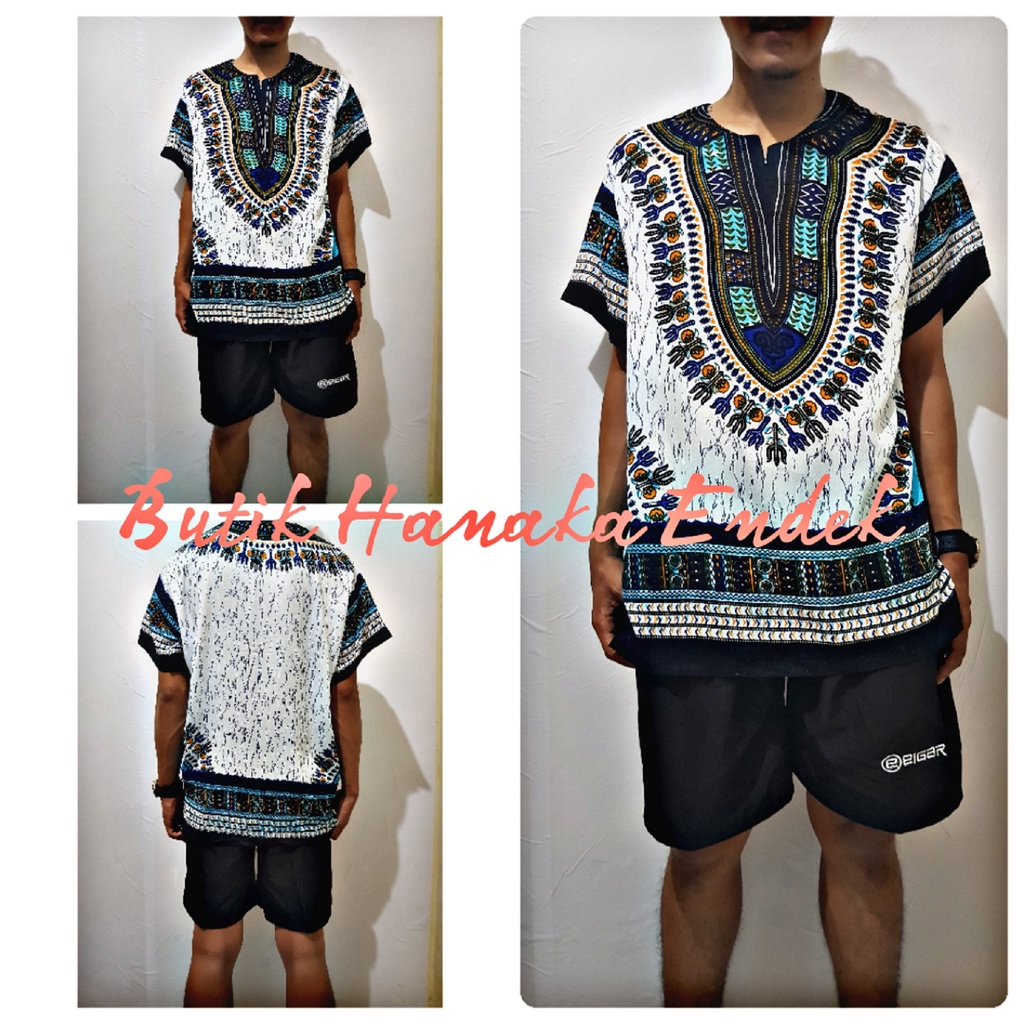 Baju dan Celana Pendek Setekan Etnik Dashiki Putih Pria/Wanita (Unisex)