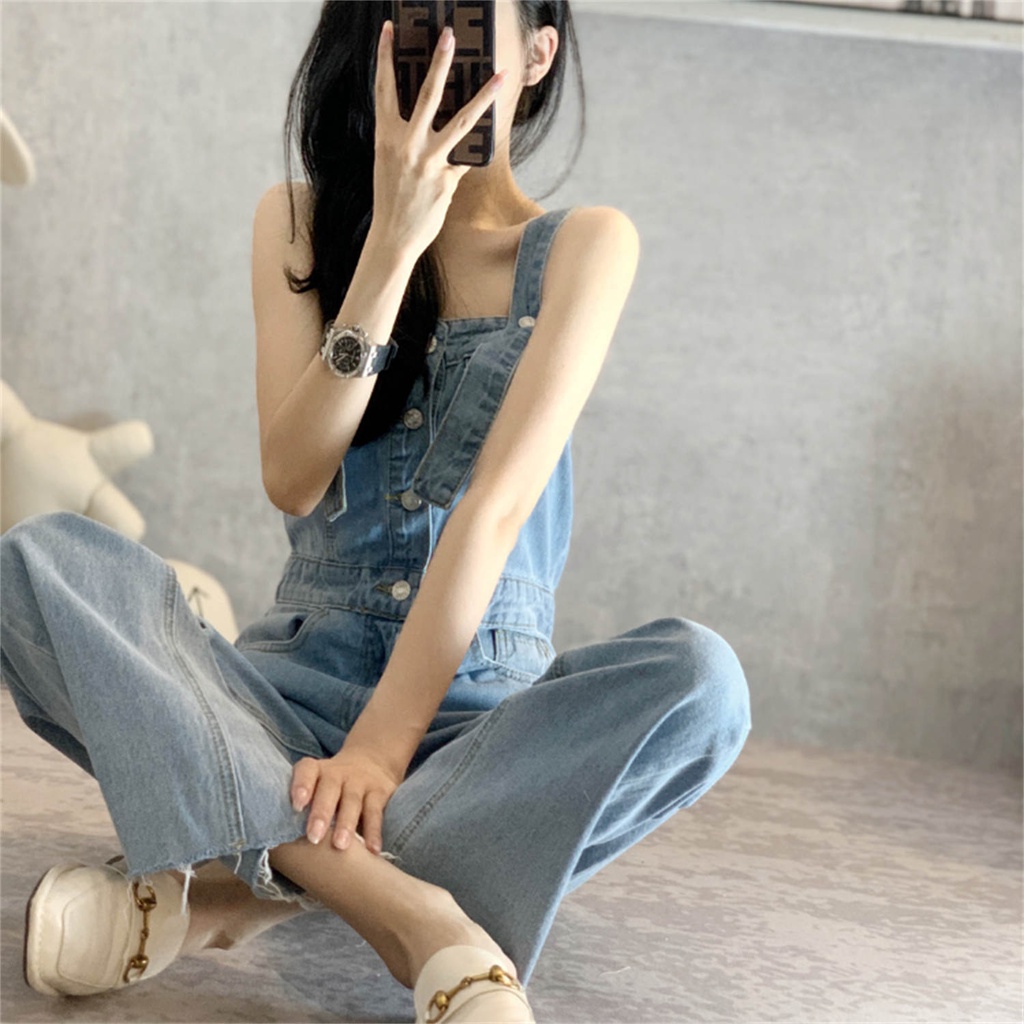 Design sense niche denim overalls summer dress ins wind high waist drape slim fit pants women s spri