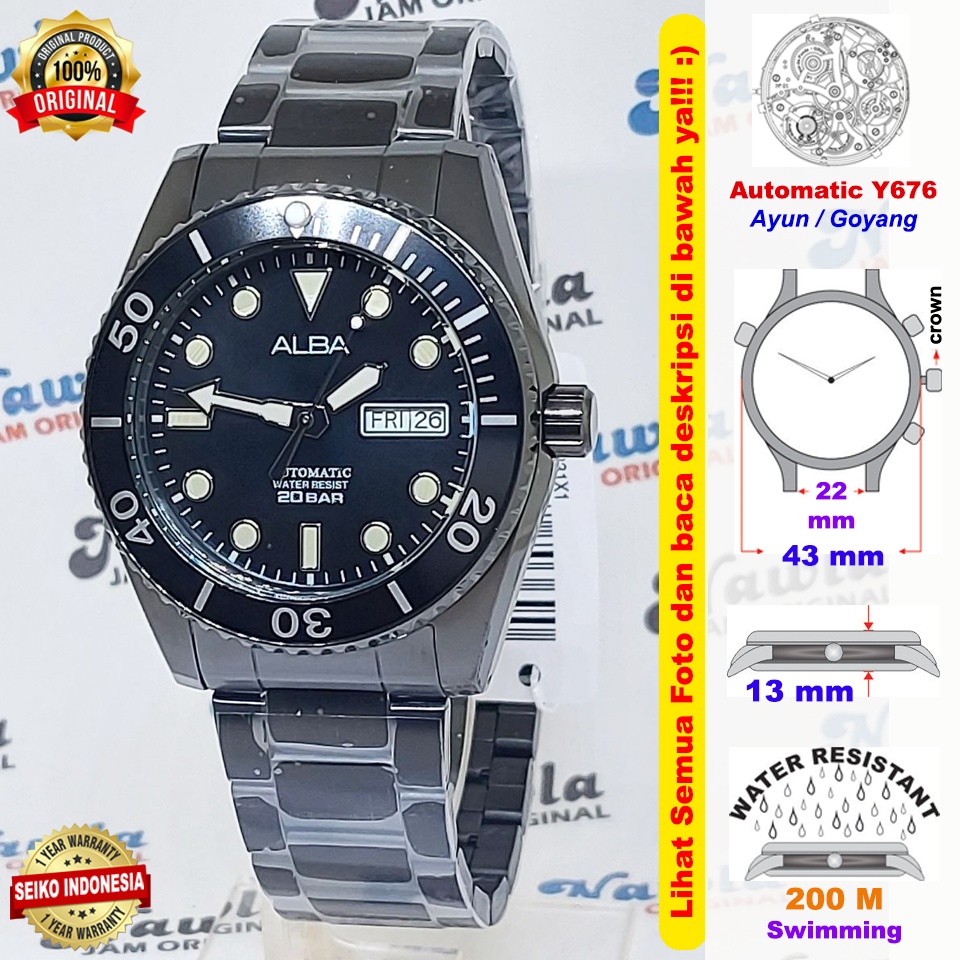 Alba Automatic AL4331X1 Full Black 20 Bar - Jam Tangan Pria AL4331