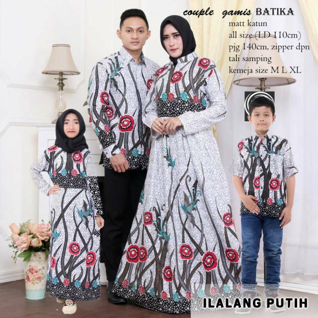 Saroja (092) Couple Keluarga Batik Gamis Batik Katun Premium Motif Ilalang Putih