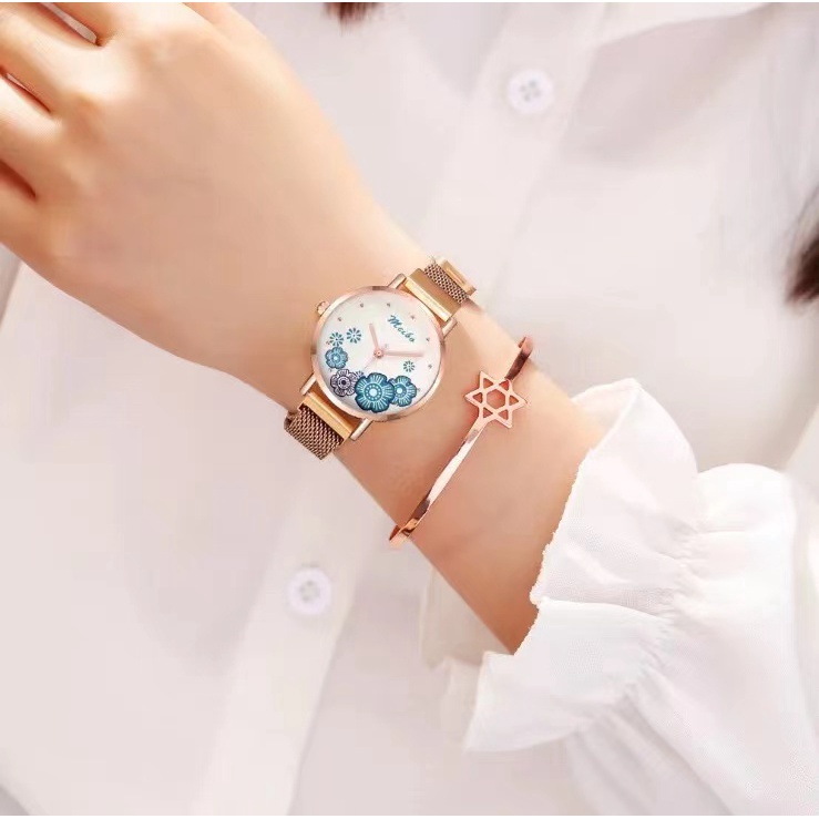 Rowling (Jam-31) jam Tangan Wanita Bulat Stainless Jam Tangan Motif Bunga Meibo dengan Strap Magnet Import