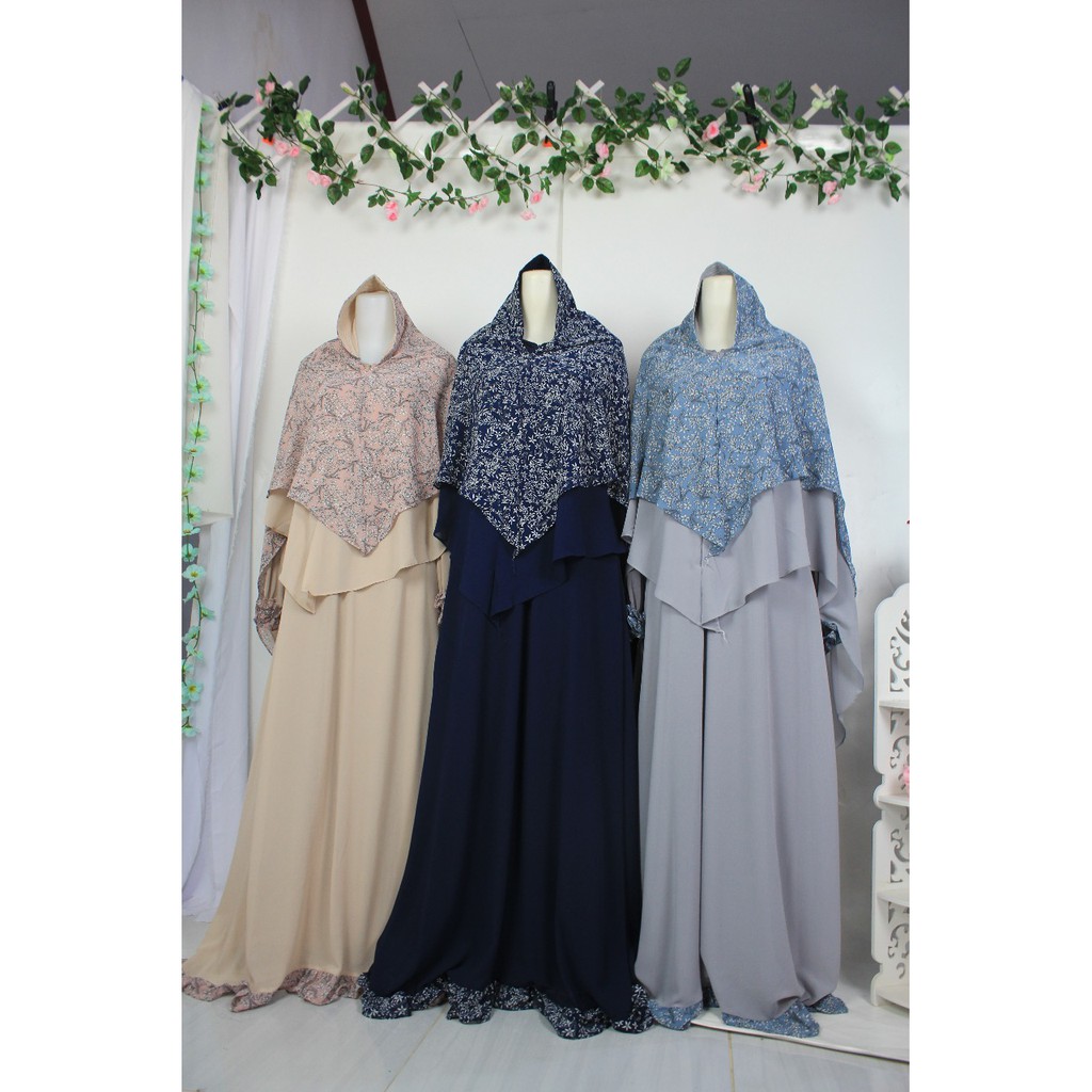 Gamis set khimar ceruty Madina mix bergo arabia Atiqa Busana Muslim Syari ibu pengajian