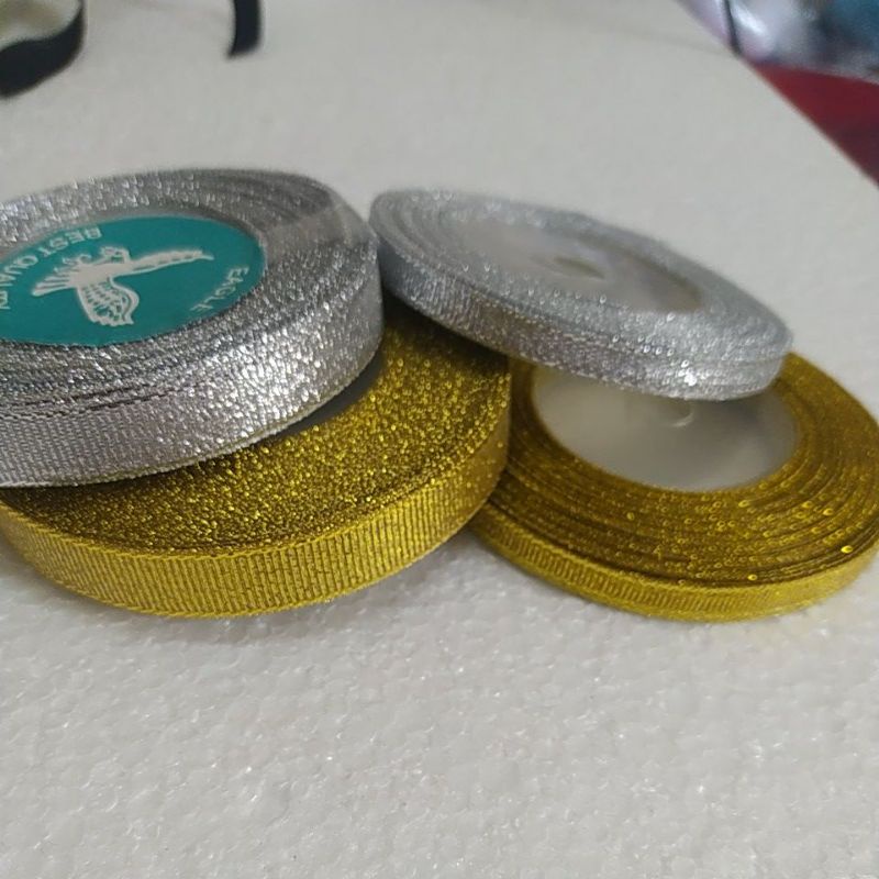 

⚘️KUBINGKIS⚘️ Pita Metalik / Pita Glitter / Pita Gold Silver 3/4 Inch 1/2 Inch dan 1/4 Inch Per Roll