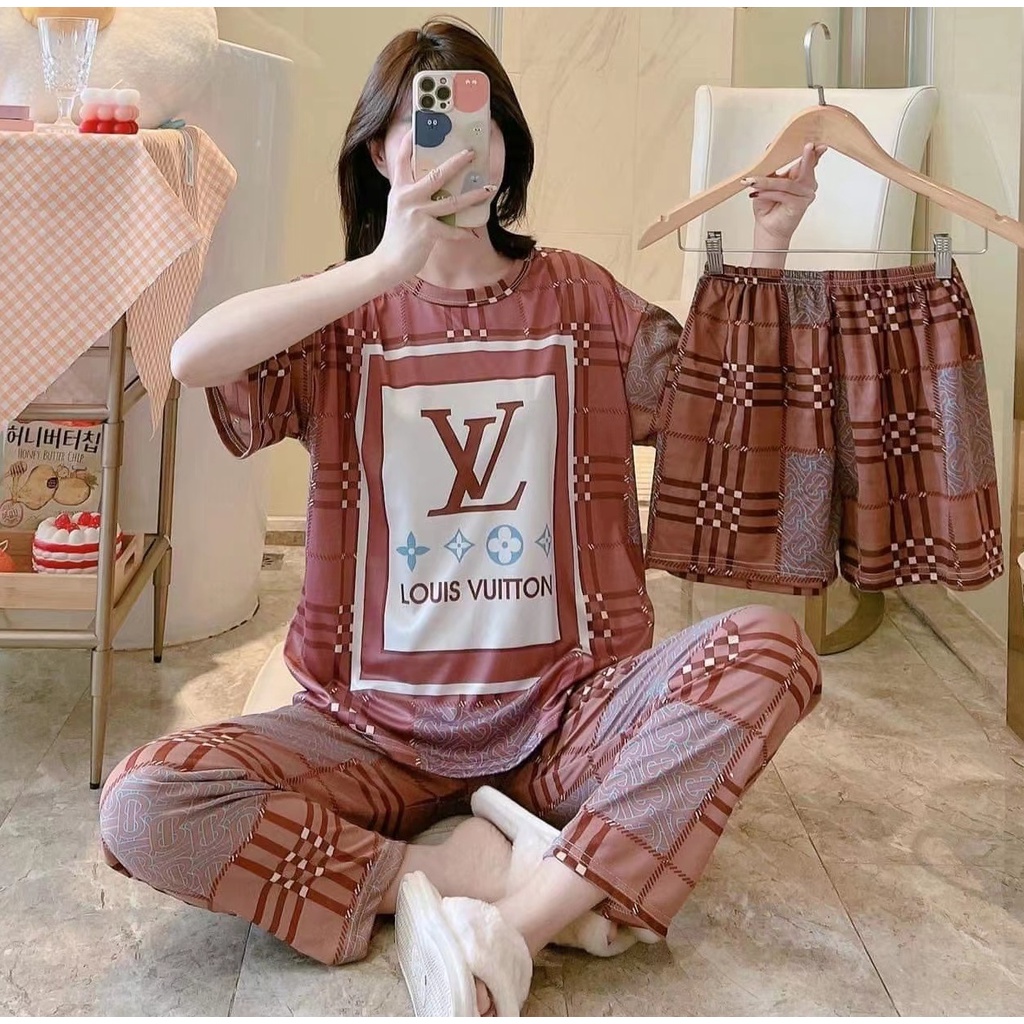 AJW Shop Piyama 3in1 | Piyama Import Dewasa | Setelan Wanita Kekinian | Baju Tidur Wanita Dewasa-KotakL Coklat