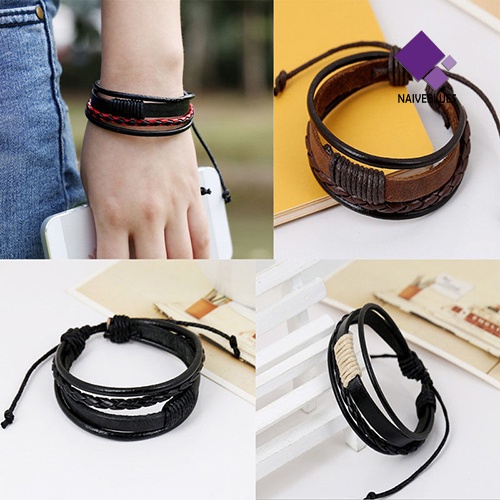 Naiveblue &gt; Gelang Bangle Kulit Pu Multisusun Gaya Vintage Retro Untuk Unisex