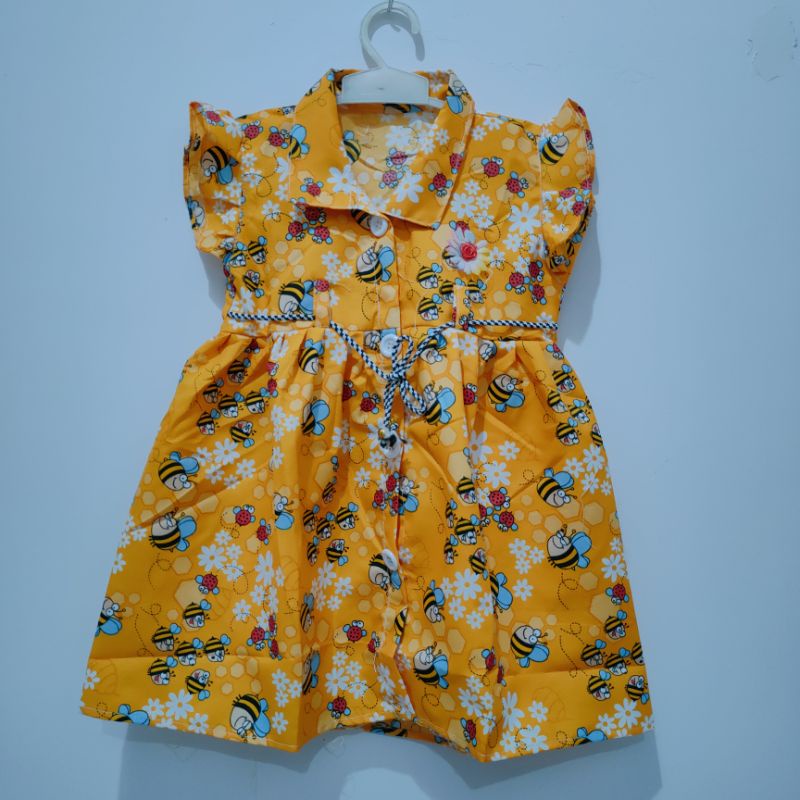 Dress anak 1 2 tahun kancing kartun motif karakter lebah tawon kancing honey bee