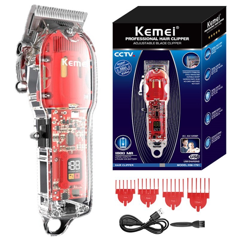 KEMEI 1761 Original Alat Mesin Cukur Rambut CAS DIGITAL KM-1761 KM1761 RED TRANSPARAN