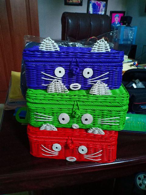 Tempat Tisu Rotan Sintetis Hello Kitty - Tempat Tisyu Karakter Kucing - Tempat Tissue Mobil Unik