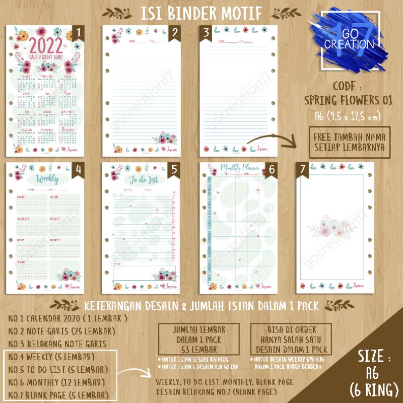 

Buku Planner isi Kertas Binder Motif Spring Flowers 01 Premium A6 ring 6